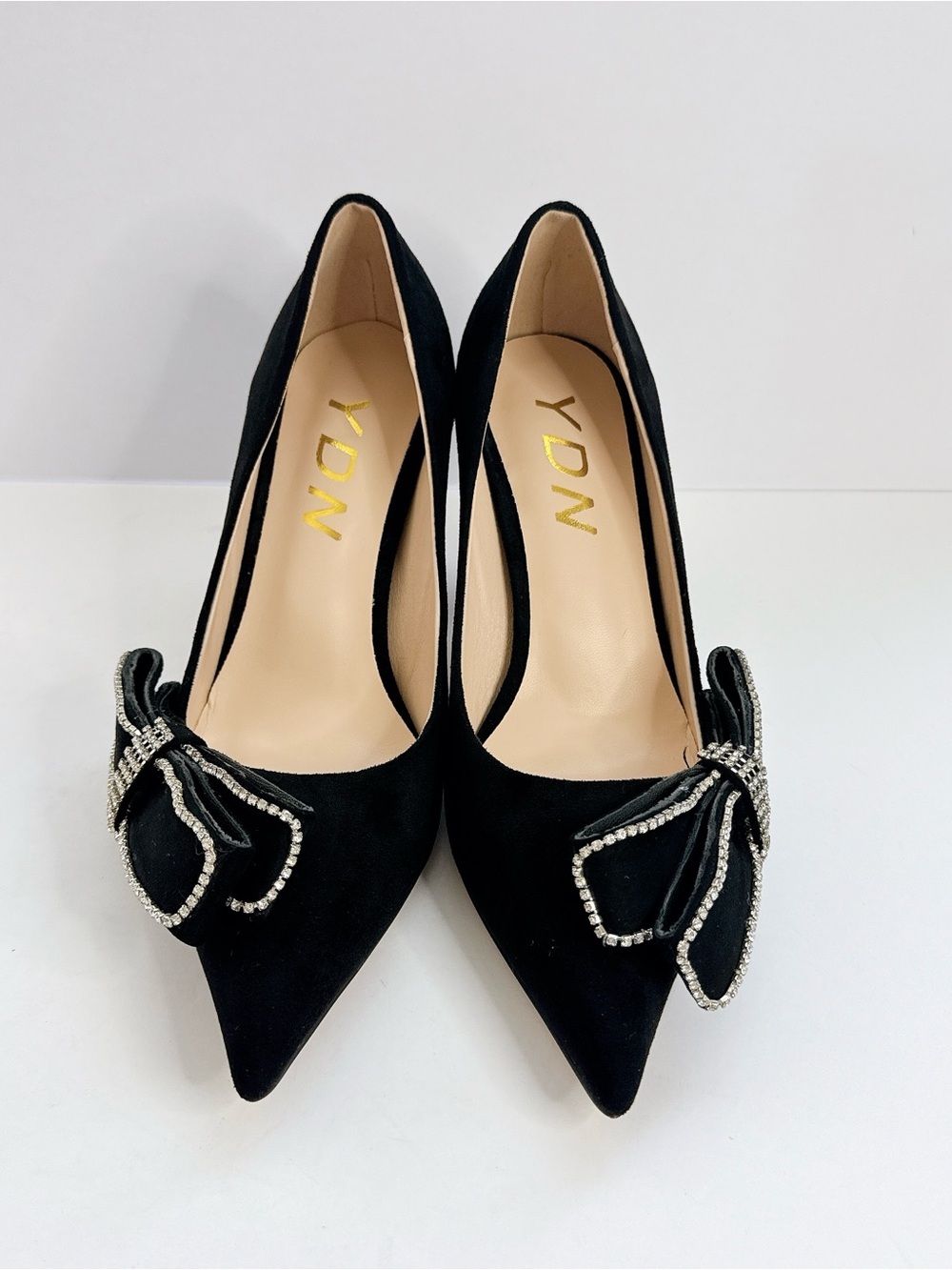Women’s Size 6 Black Suede Pumps Rhinestone Bow Pointed Toe High Heels YDN